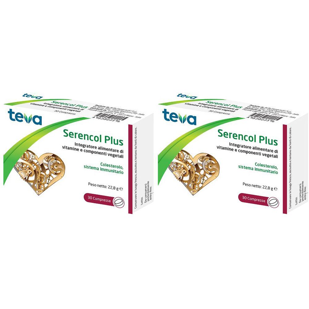 Deux boîtes de Serencol Plus. Inscription : Teva, Integratore alimentare, vitamines et composants végétaux. 30 comprimés.