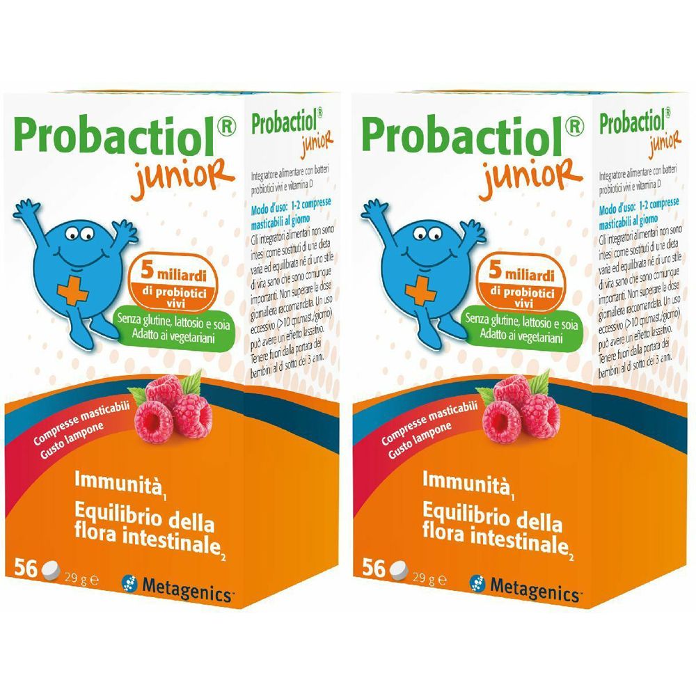 Zwei Packungen mit der Aufschrift "Probactiol junior". Orangefarbene Verpackung mit Text und Illustrationen. Himbeer-Geschmack.
