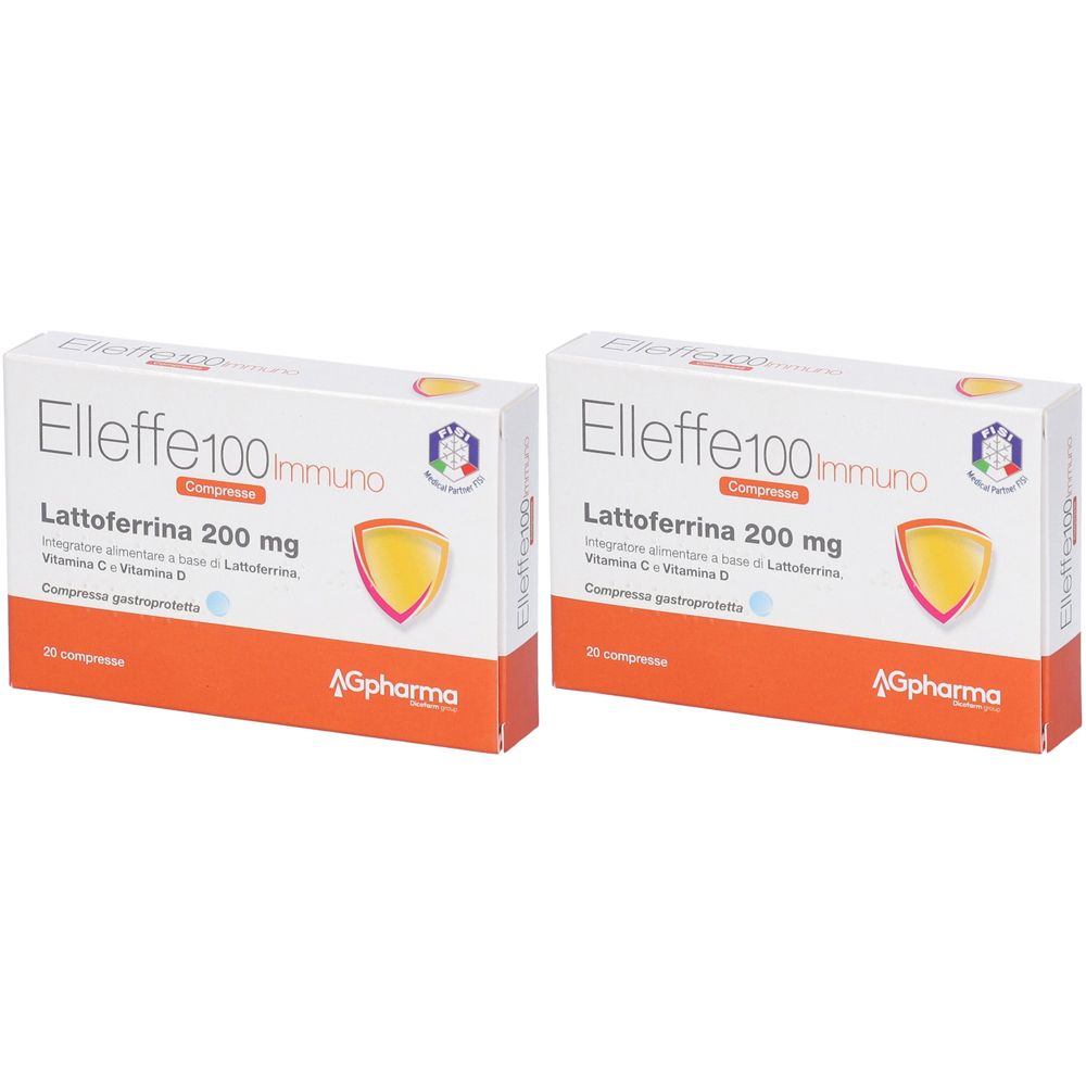 Deux boîtes Elleffe 100 Immuno. Inscription : Lattoferrina 200 mg, vitamine C, vitamine D. Bande orange avec logo AGpharma.