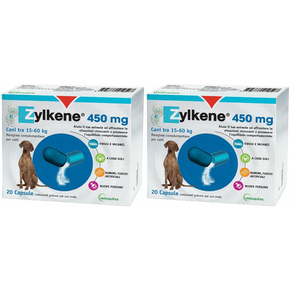 Deux boîtes de Zylkene 450 mg. Chaque boîte présente un chien. 20 gélules.