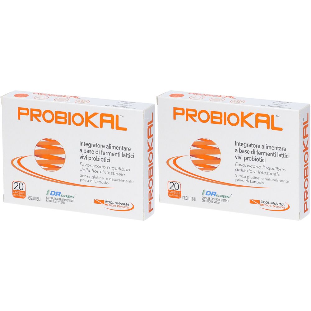 Zwei weiße Schachteln mit der Aufschrift PROBIOKAL. Auf jeder Schachtel befindet sich ein orangefarbenes Logo und Text in italienischer Sprache.