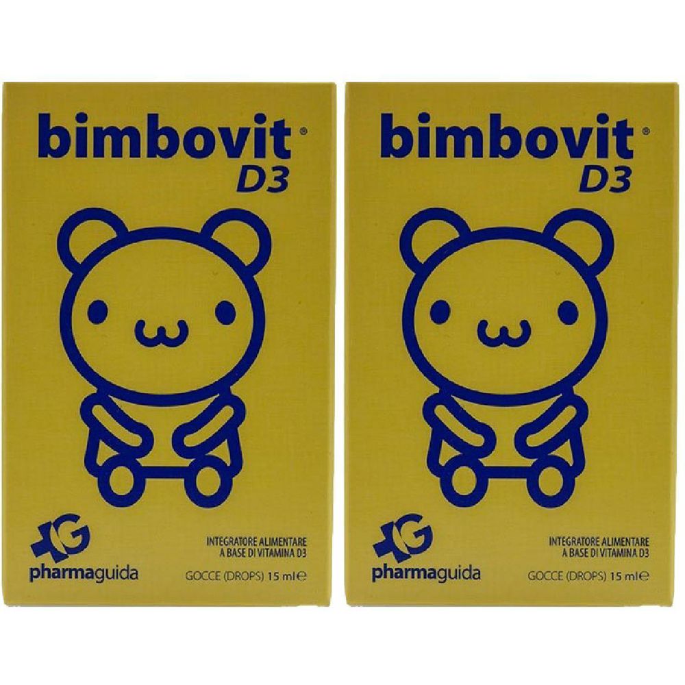 Deux boîtes jaunes avec un ours bleu et l'inscription 'bimbovit D3'. Texte : 'Integratore alimentare a base di vitamina D3'.