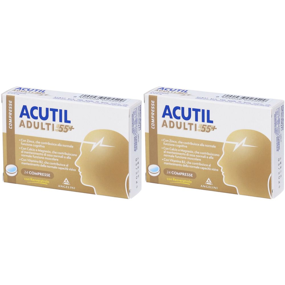 Zwei Schachteln mit der Aufschrift "ACUTIL ADULTI 55+". Auf jeder Schachtel ist ein Kopfprofil abgebildet.