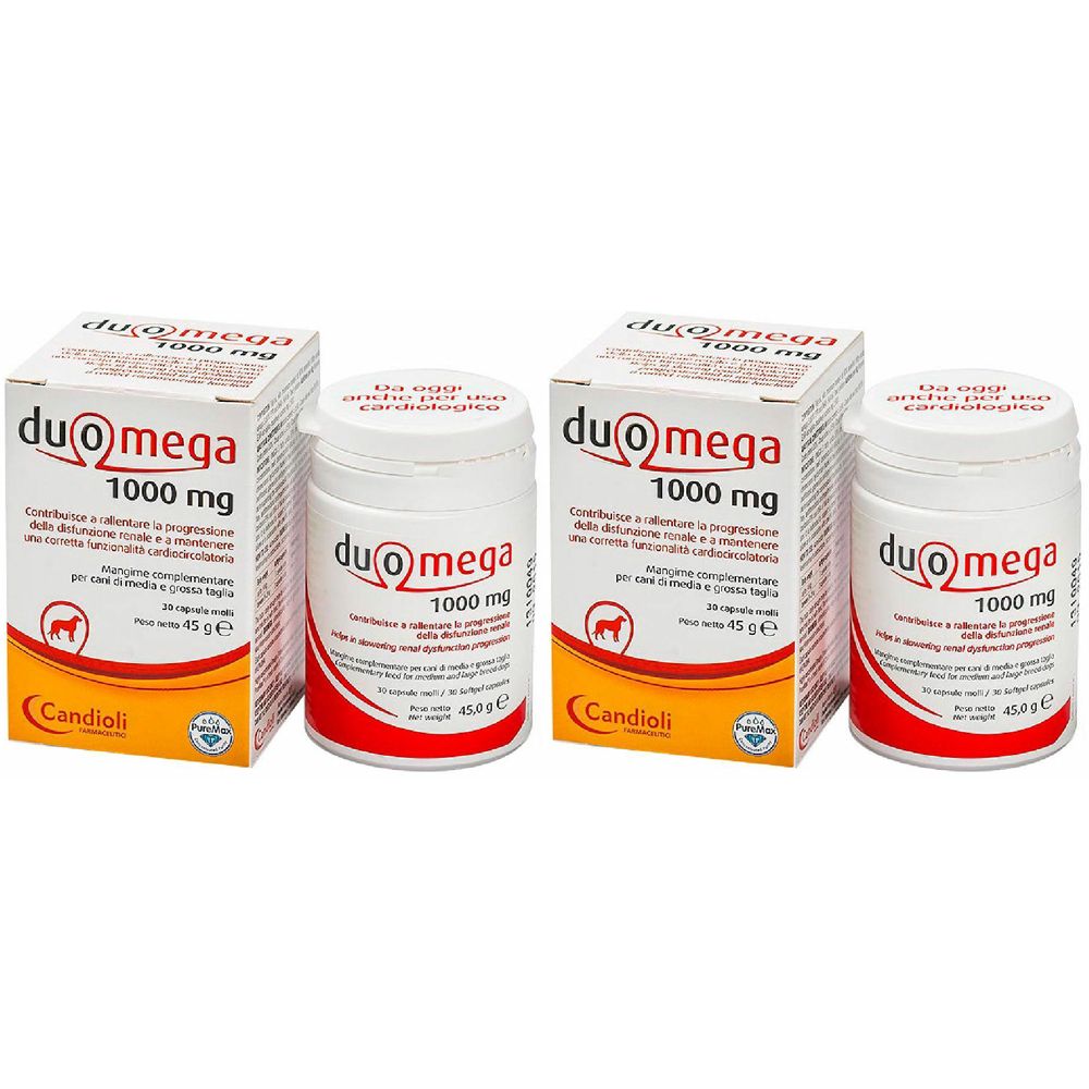 Zwei Packungen und zwei Dosen. Aufschrift: duo@mega 1000 mg. Marke: Candioli. Weiße Dosen mit rotem Etikett.