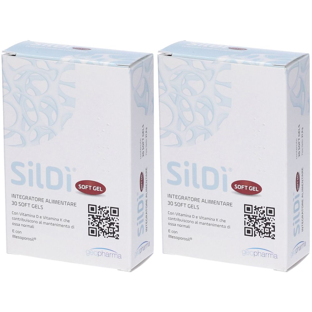 Deux boîtes blanches "SilDi Soft Gel". Chaque boîte contient 30 gélules. Code QR et logo de la marque également visibles.