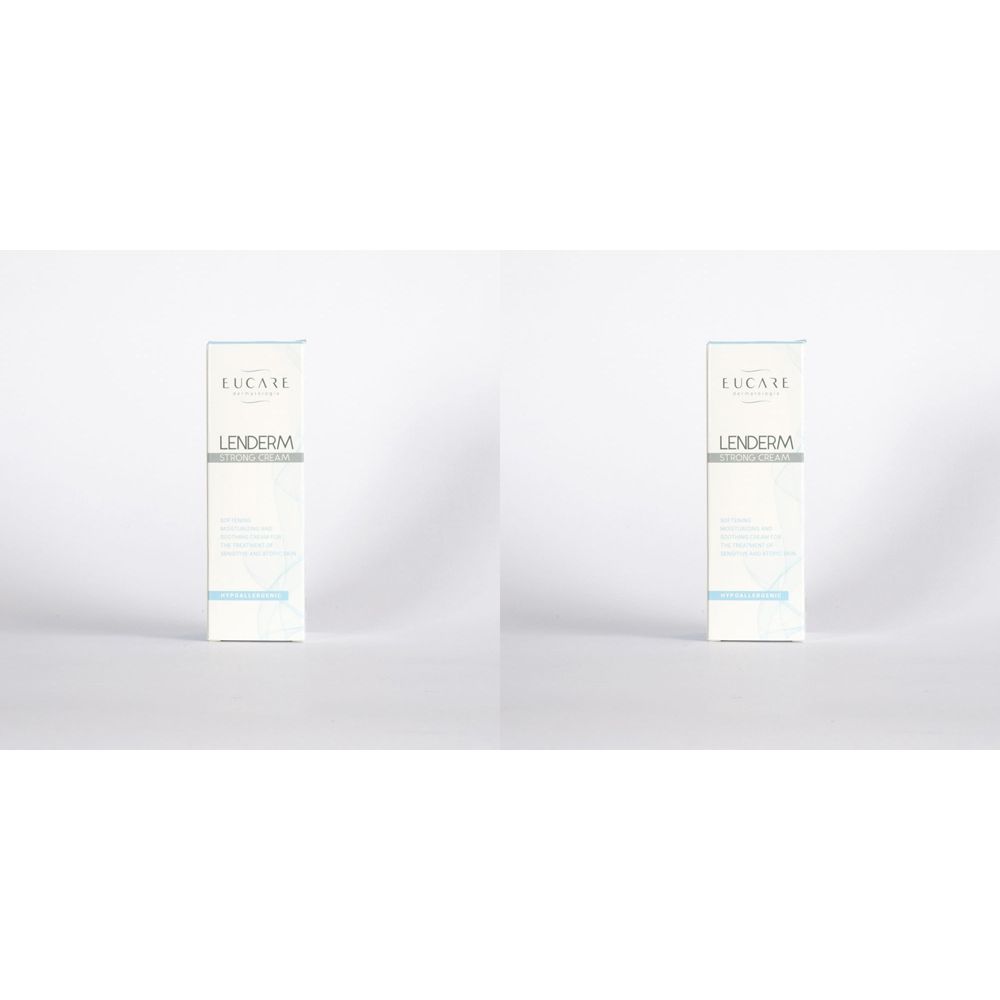 Deux boîtes de produit debout. Inscription: EUCARE, LENDERM. Blanc, bleu clair et gris.