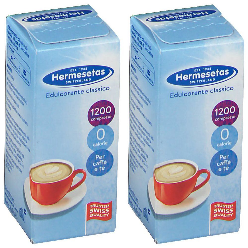 Deux boîtes de Hermesetas Edulcorante Classico. Emballage bleu clair avec logo, texte et image d'une tasse de café. 1200 comprimés, 0 calorie.