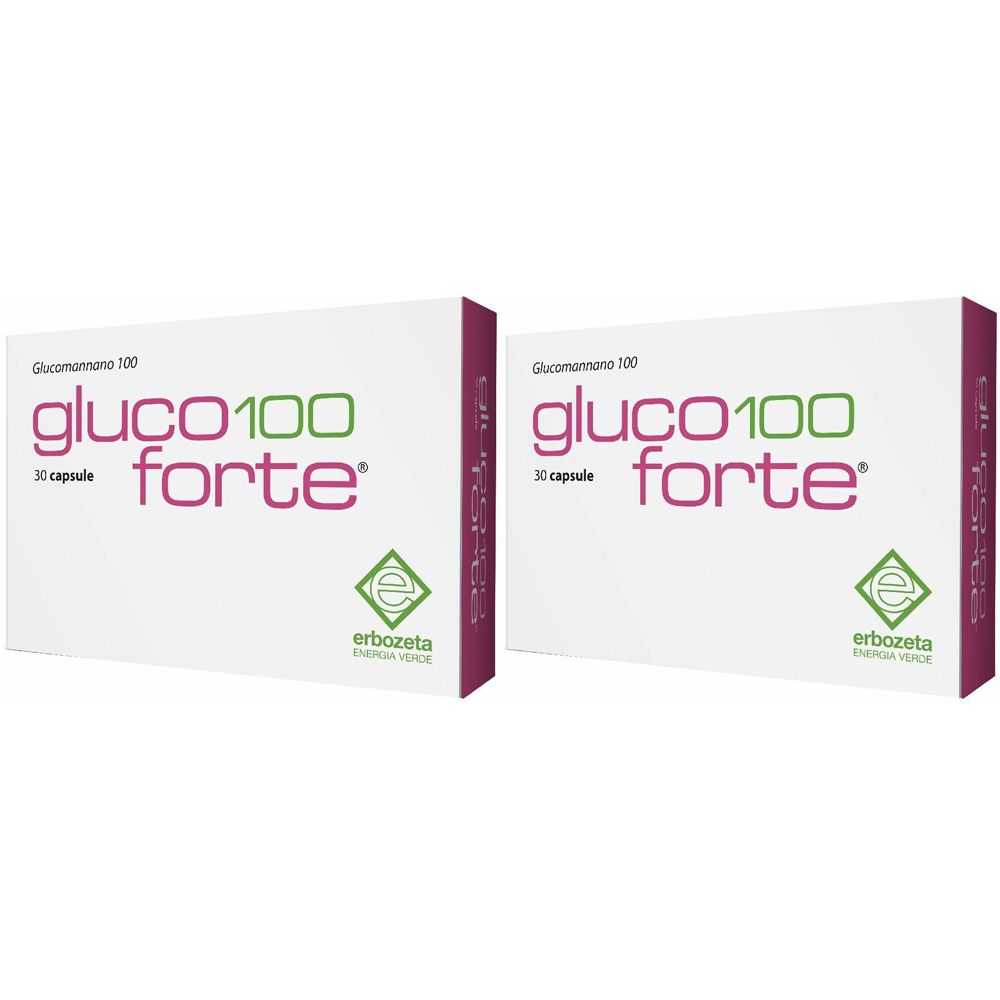 Deux boîtes blanches avec l'inscription "gluco100 forte". Chaque boîte porte la mention "30 capsule" et un logo vert.