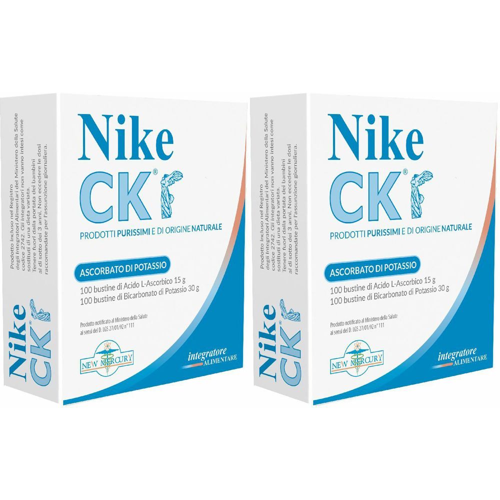 Deux boîtes blanches avec texte bleu et rouge. Inscription: Nike CK Ascorbato di Potassio. Contient 200 sachets.
