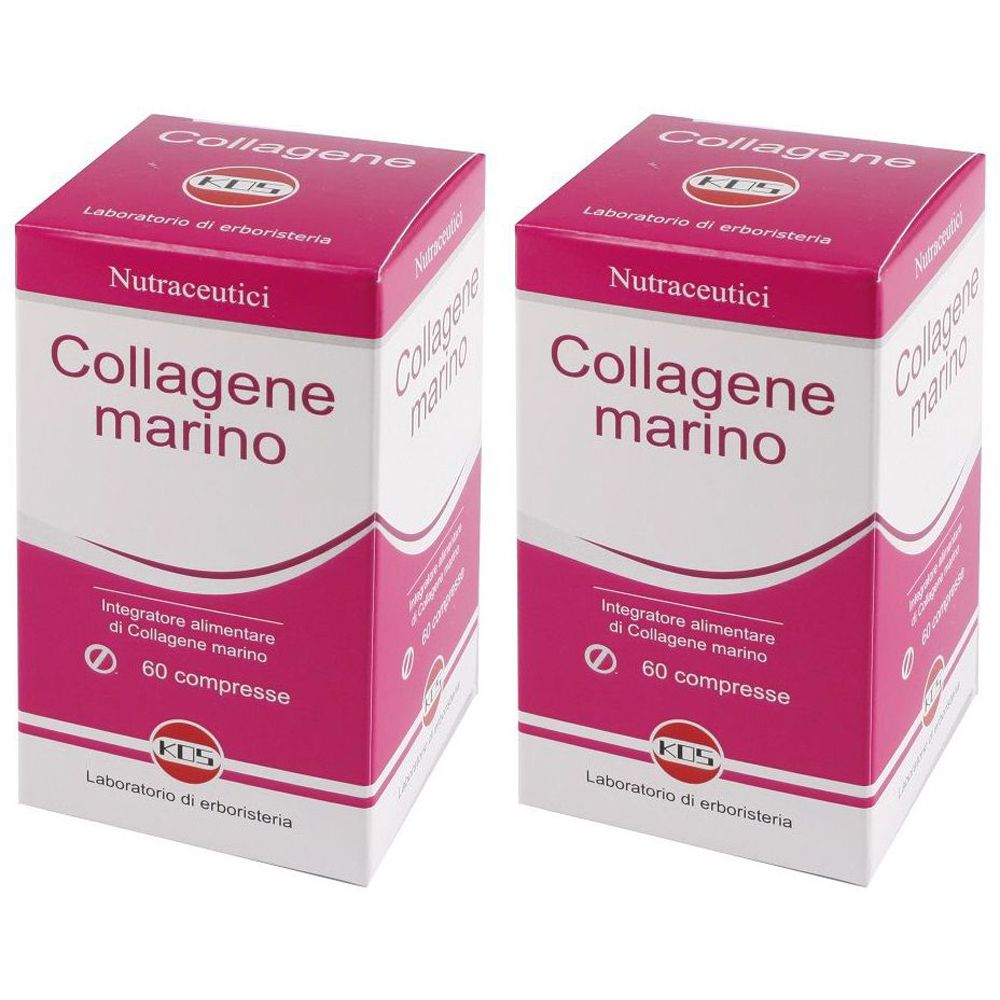 Deux boîtes de "Collagene marino". Emballage rose et blanc avec logo et texte. Contient 60 comprimés.