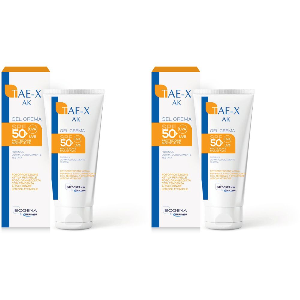 Deux tubes et boîtes. Les tubes indiquent "TAE-X AK GEL CREMA SPF 50". Les boîtes sont orange et bleues.