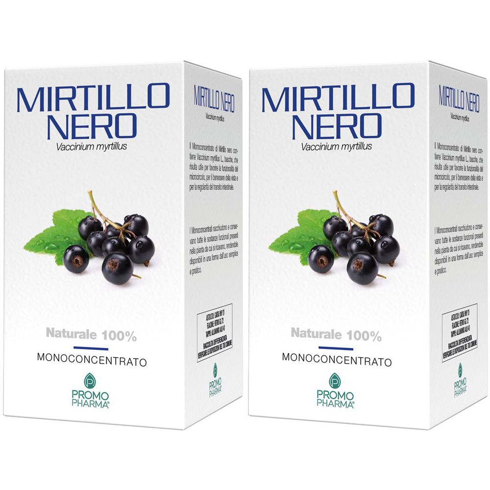 Zwei weiße Kartons mit der Aufschrift Mirtillo Nero, Abbildung von Heidelbeeren und Blättern. Marke Promo Pharma.