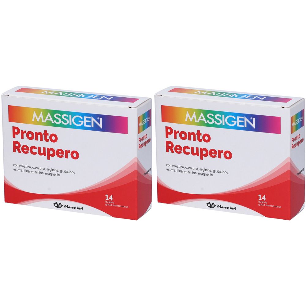 Deux boîtes Massigen Pronto Recupero. Emballage rouge et blanc avec texte et logo. Contient 14 sachets.