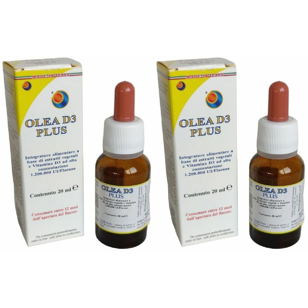 Deux flacons et deux boîtes. OLEA D3 PLUS est écrit sur les flacons et les boîtes. Flacons en verre brun avec compte-gouttes.