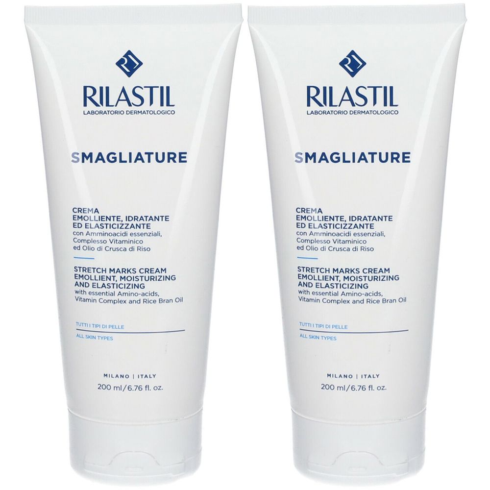 Deux tubes de crème blanche avec texte bleu. Inscription: RILASTIL, SMAGLIATURE, Stretch Marks Cream.