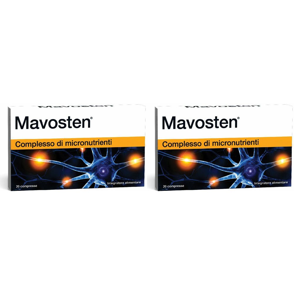 Zwei Schachteln mit dem Produktnamen Mavosten. Aufschrift: Compresso di micronutrienti. 30 compresse.