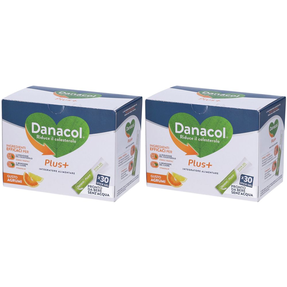 Zwei Kartons Danacol Plus+. Aufdruck: Danacol, Plus+, 30 Stickgel, Geschmack Zitrone. Einzelne Stickgels sichtbar.