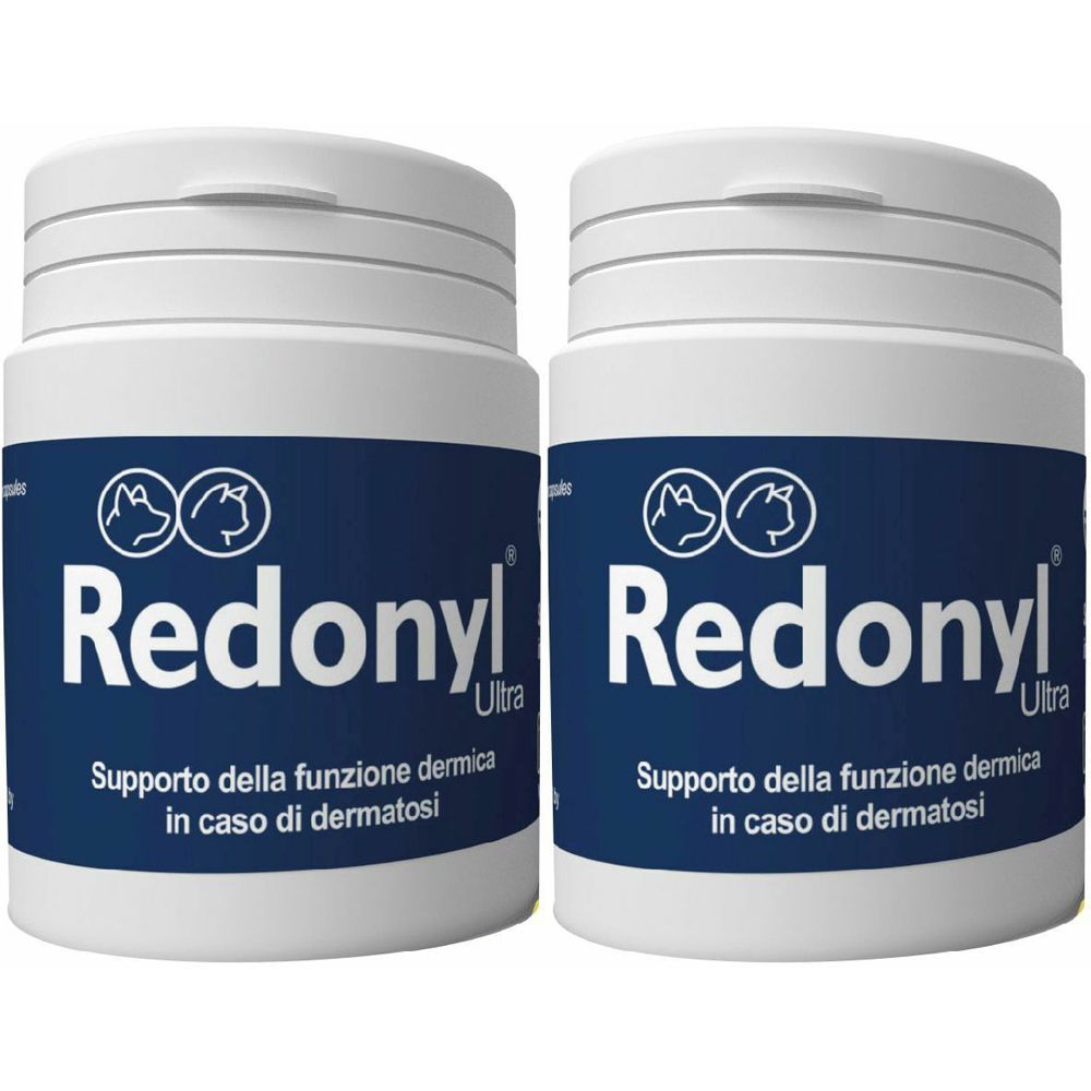 Zwei weiße Behälter mit blauem Etikett. Auf dem Etikett steht "Redonyl Ultra" und "Supporto della funzione dermica in caso di dermatosi".
