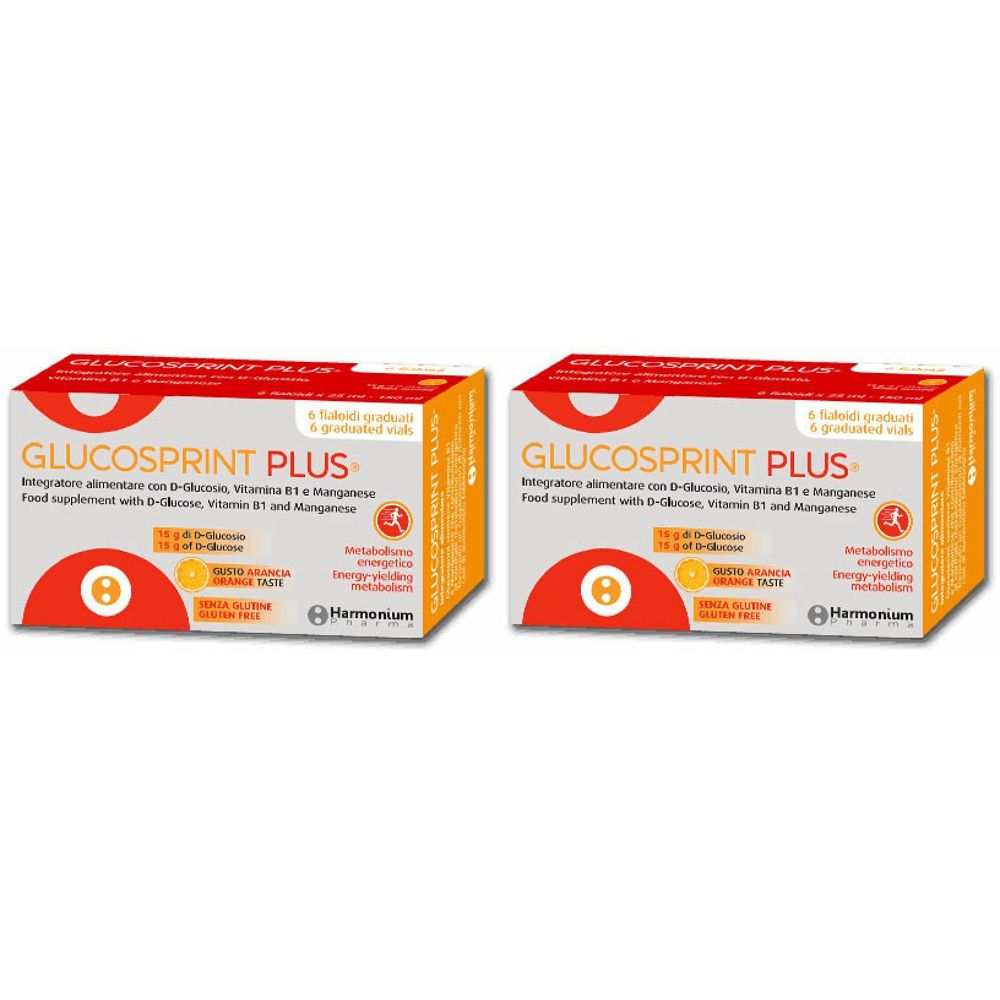 Zwei Packungen Glucosprint Plus. Orangefarbene Schachteln mit weißer Schrift. Aufschrift: Glucosprint Plus, Nahrungsergänzungsmittel.