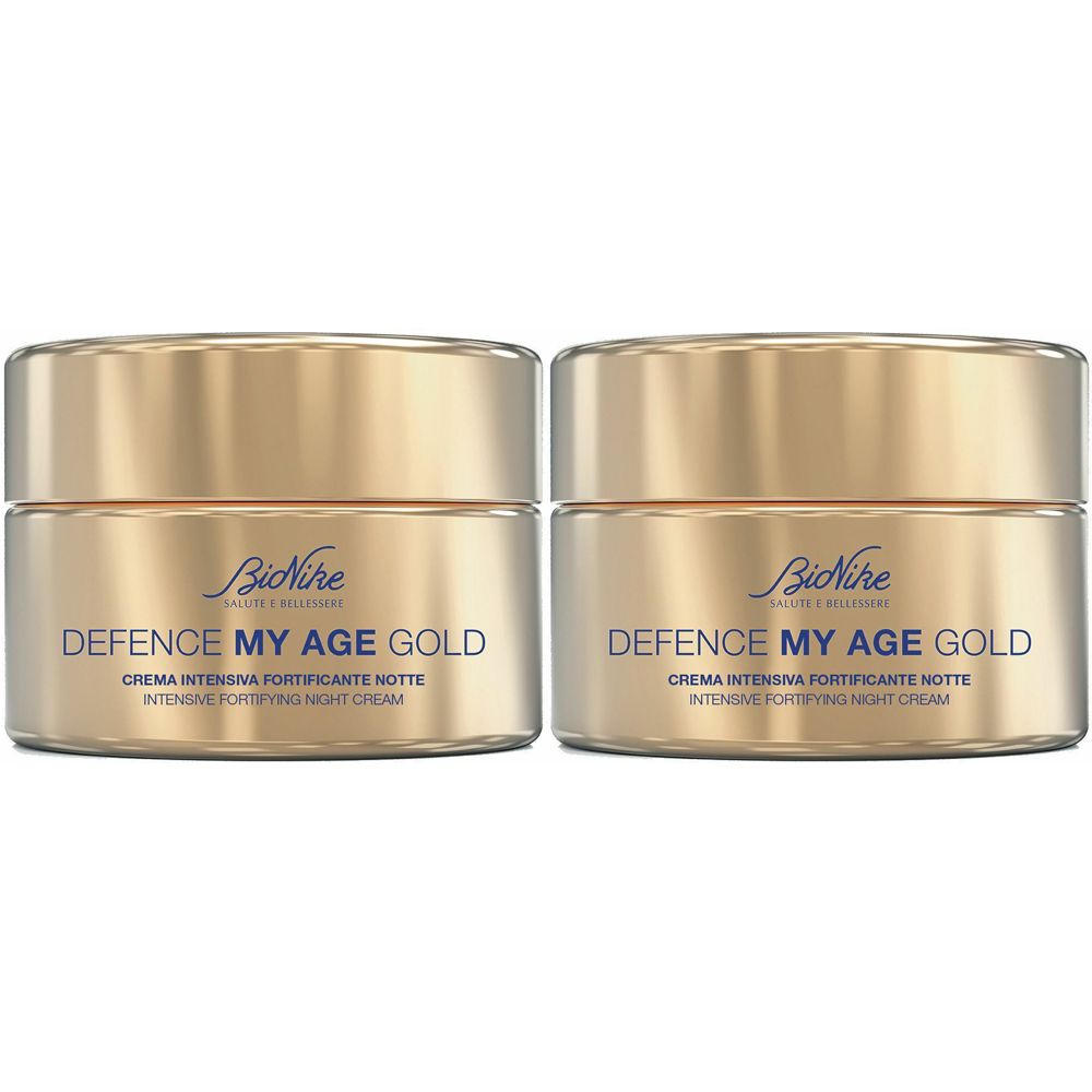 Deux pots dorés. Inscription : Defence My Age Gold, Crema Intensiva Fortificante Notte. Marque : BioNike.