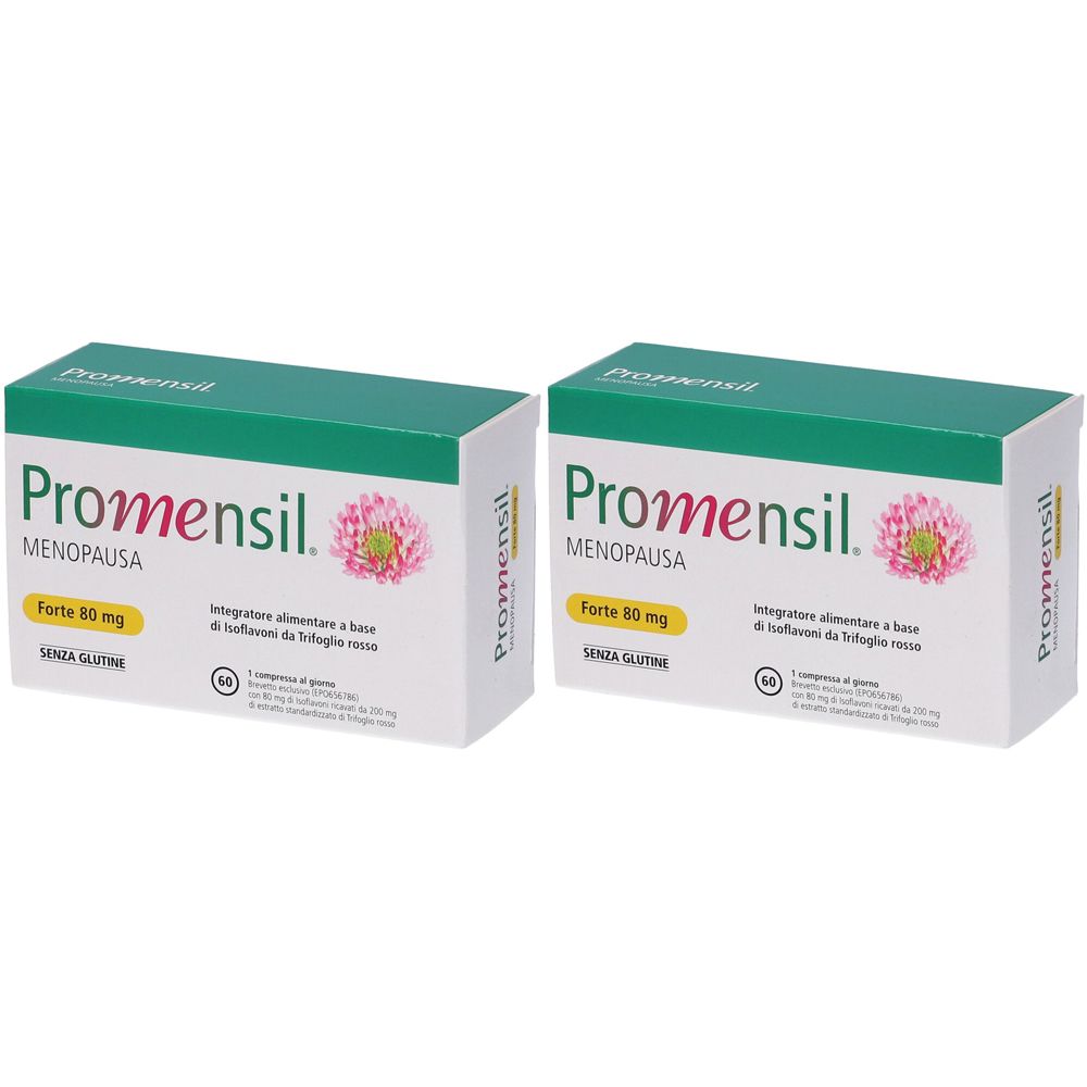 Deux boîtes blanches avec couvercle vert. Inscription: Promensil Menopausa, Forte 80 mg. Illustration d'une fleur.