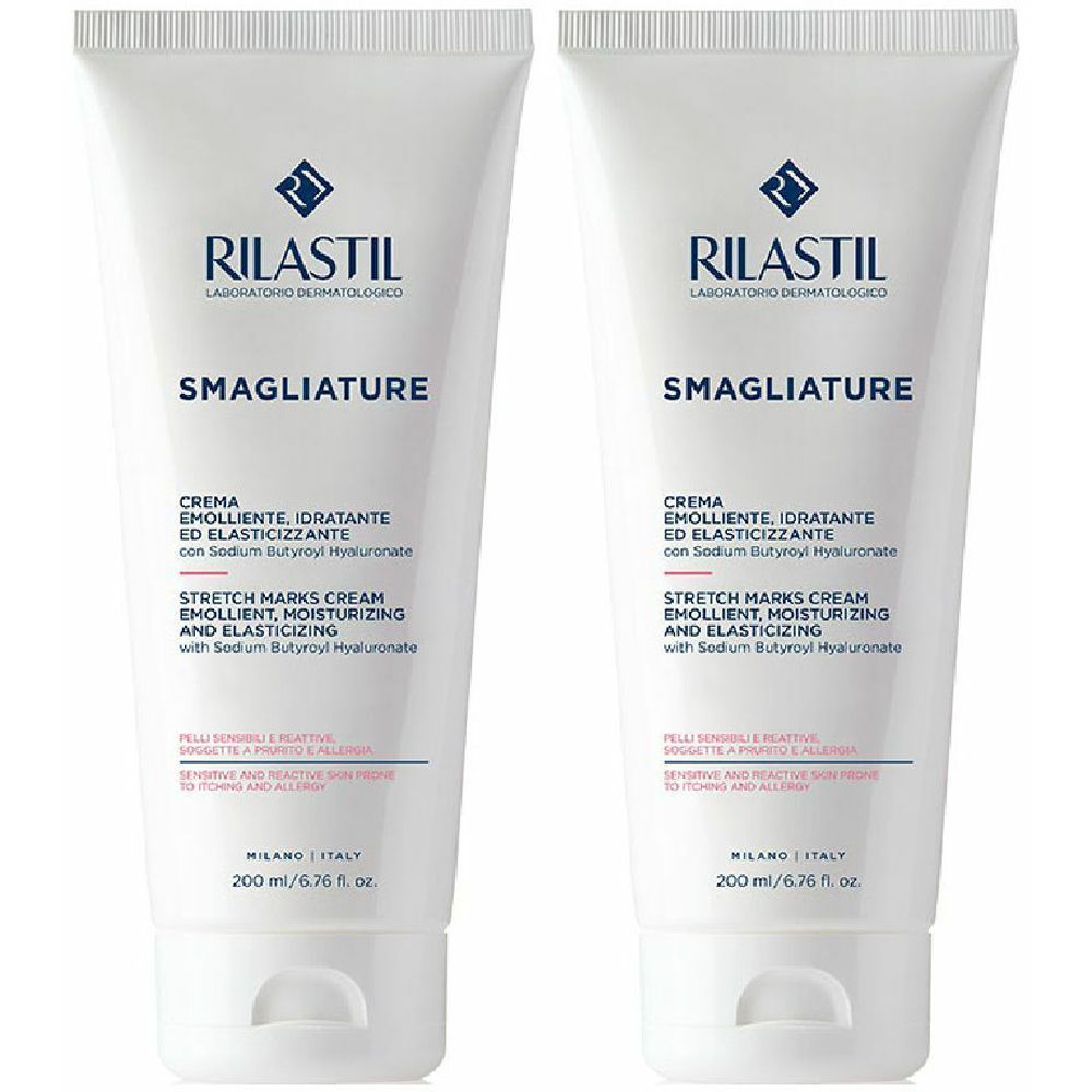 Deux tubes de crème Rilastil Smagliature. Tubes blancs avec texte bleu et noir. Texte: Stretch Marks Cream.