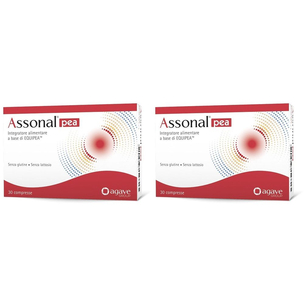 Deux boîtes de Assonal pea. Emballage rouge et blanc avec nom et logo du produit. Contient 30 comprimés.