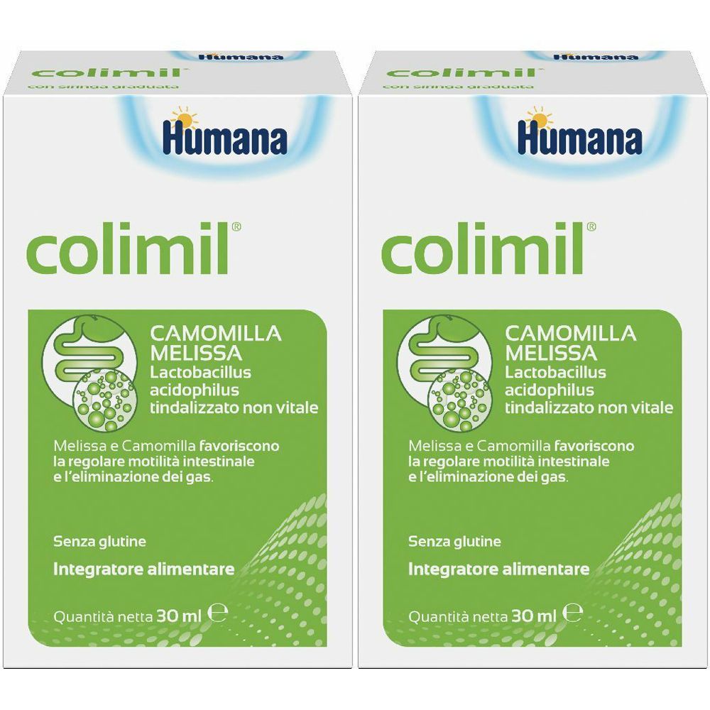 Zwei weiße Kartons mit dem Produktnamen "colimil" und dem Humana-Logo. Aufschrift: "CAMOMILLA MELISSA Lactobacillus acidophilus".