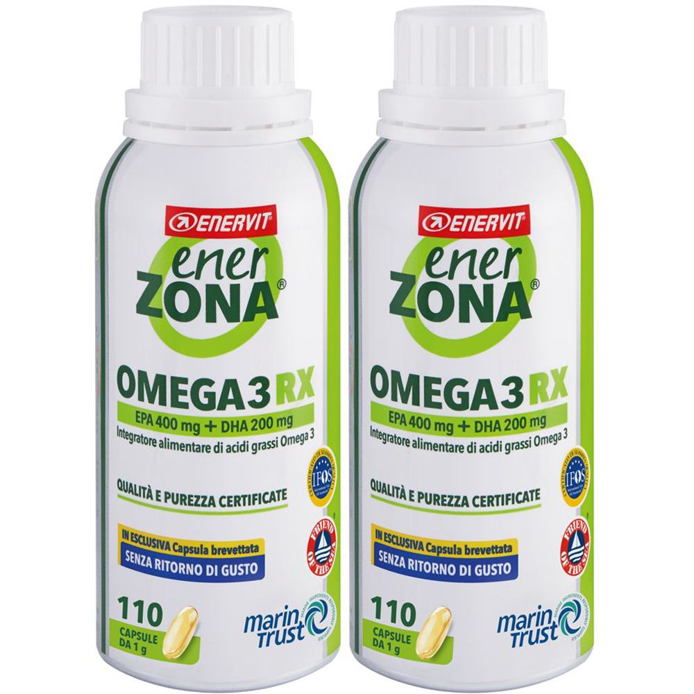 Deux flacons ENERVIT EnerZona Omega 3RX. Flacons blancs avec étiquette verte. Texte : Omega 3RX, EPA 400 mg + DHA 200 mg, 110 gélules.