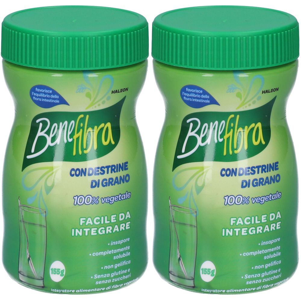 Deux flacons verts Benefibra. Inscription : CON DESTRINE DI GRANO, 100% vegetale, FACILE DA INTEGRARE. Contenance : 155g.