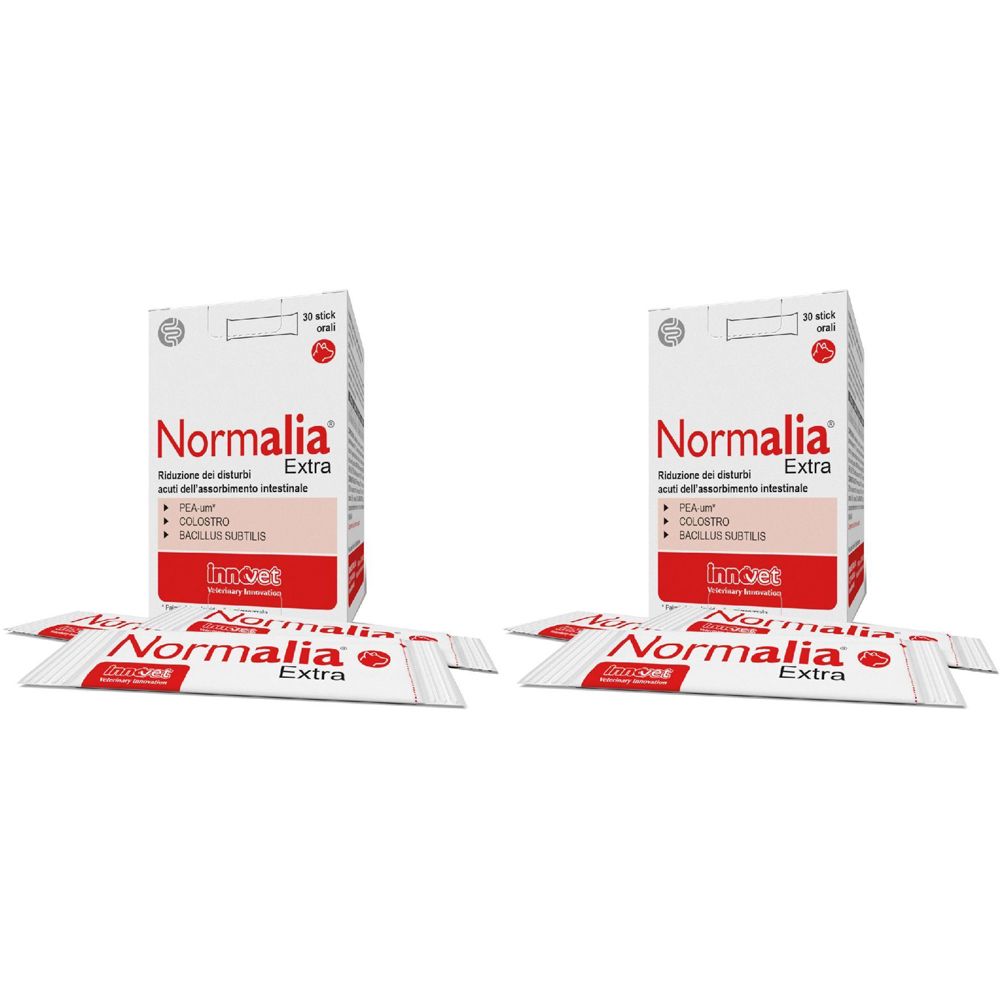 Deux boîtes et quatre sachets avec l'inscription "Normalia Extra". L'emballage est blanc et rouge.