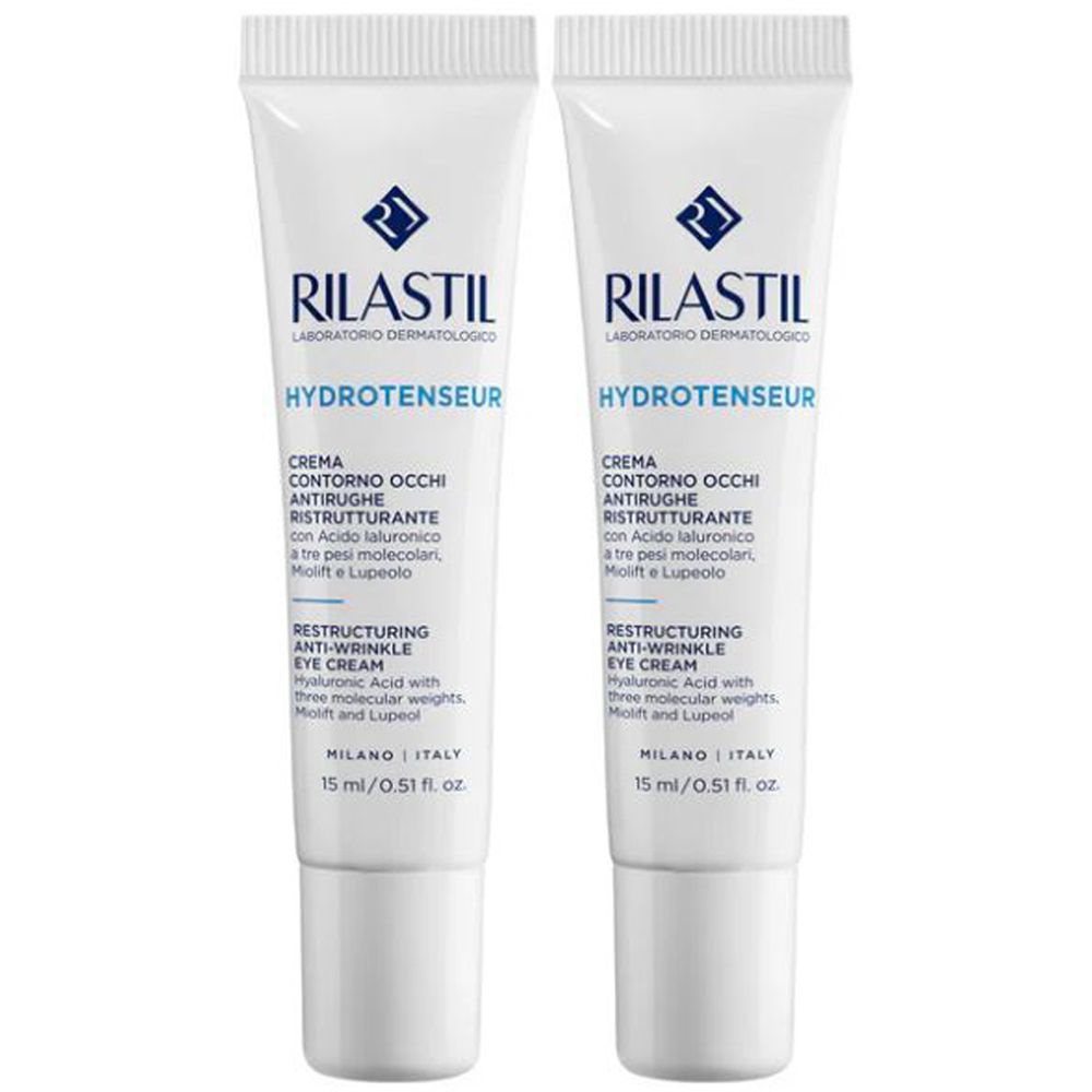Deux boîtes blanches. Inscription : Rilastil Hydrotenseur, crème contour des yeux anti-rides. 15 ml. Inscriptions en italien et en anglais.