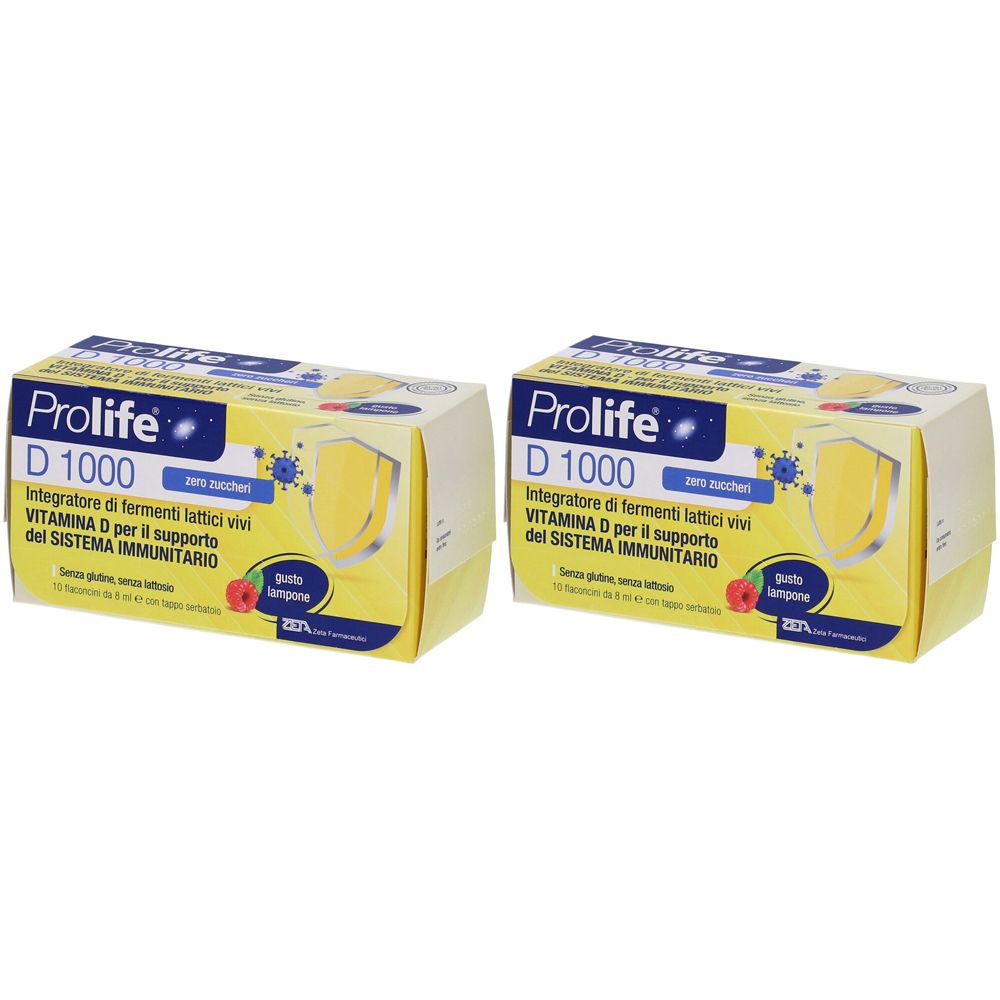 Zwei Packungen Prolife D 1000. Gelbe Verpackung mit Produktnamen, Inhaltsangaben und Logo. Aufschrift: Integratore di fermenti lattici vivi.