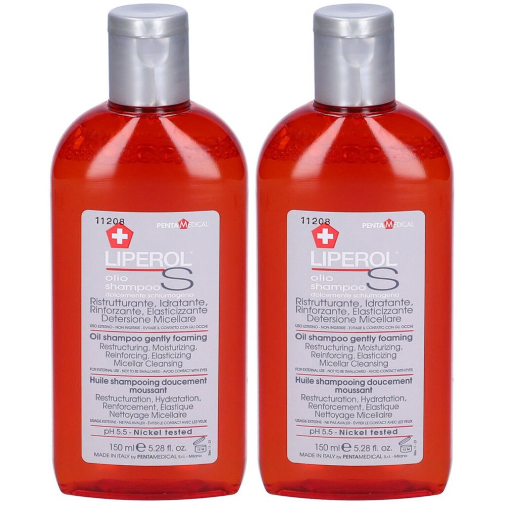 Zwei Flaschen Liperol S Öl-Shampoo. Rote Flüssigkeit in durchsichtigen Flaschen mit silbernen Deckeln. Etikett mit Produktinformationen und Logo.