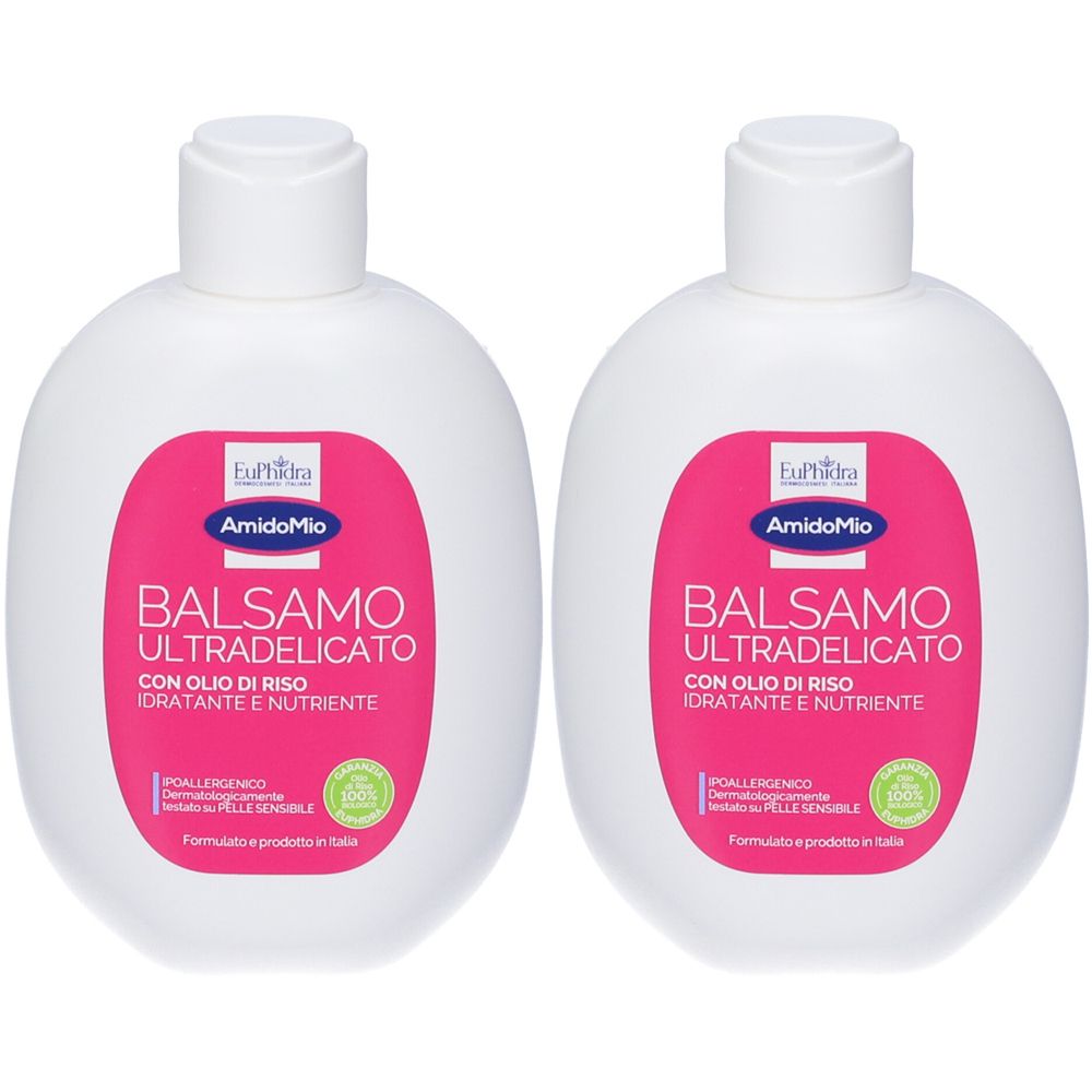 Deux flacons et deux boîtes. Inscription : EuPhidra AmidoMio Balsamo ultradelicato. Emballage rose, flacons blancs.