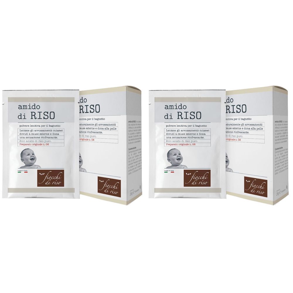 Verpackung mit "amido di RISO". Aufdruck mit Baby, Text und Logo "fiocchi di riso".