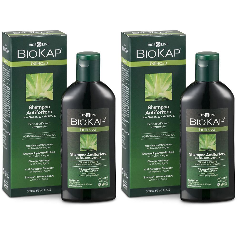 Zwei Flaschen und zwei Schachteln Shampoo. Aufschrift: BIOKAP, Shampoo Antiforfora. Grün-schwarze Verpackung.