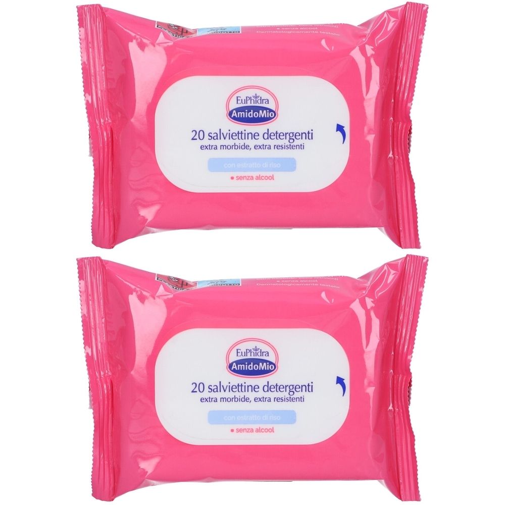 Deux paquets roses de lingettes nettoyantes. Chaque paquet porte la mention "AmidoMio" et "20 salviettine detergenti".