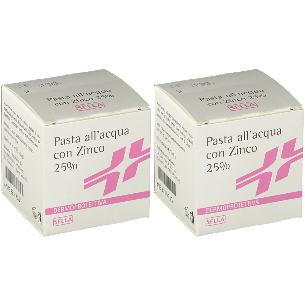 Deux boîtes carrées. Inscription: Pasta all'acqua con Zinco 25%. Logo rose. Marque SELLA. Texte: Dermoprotettiva.