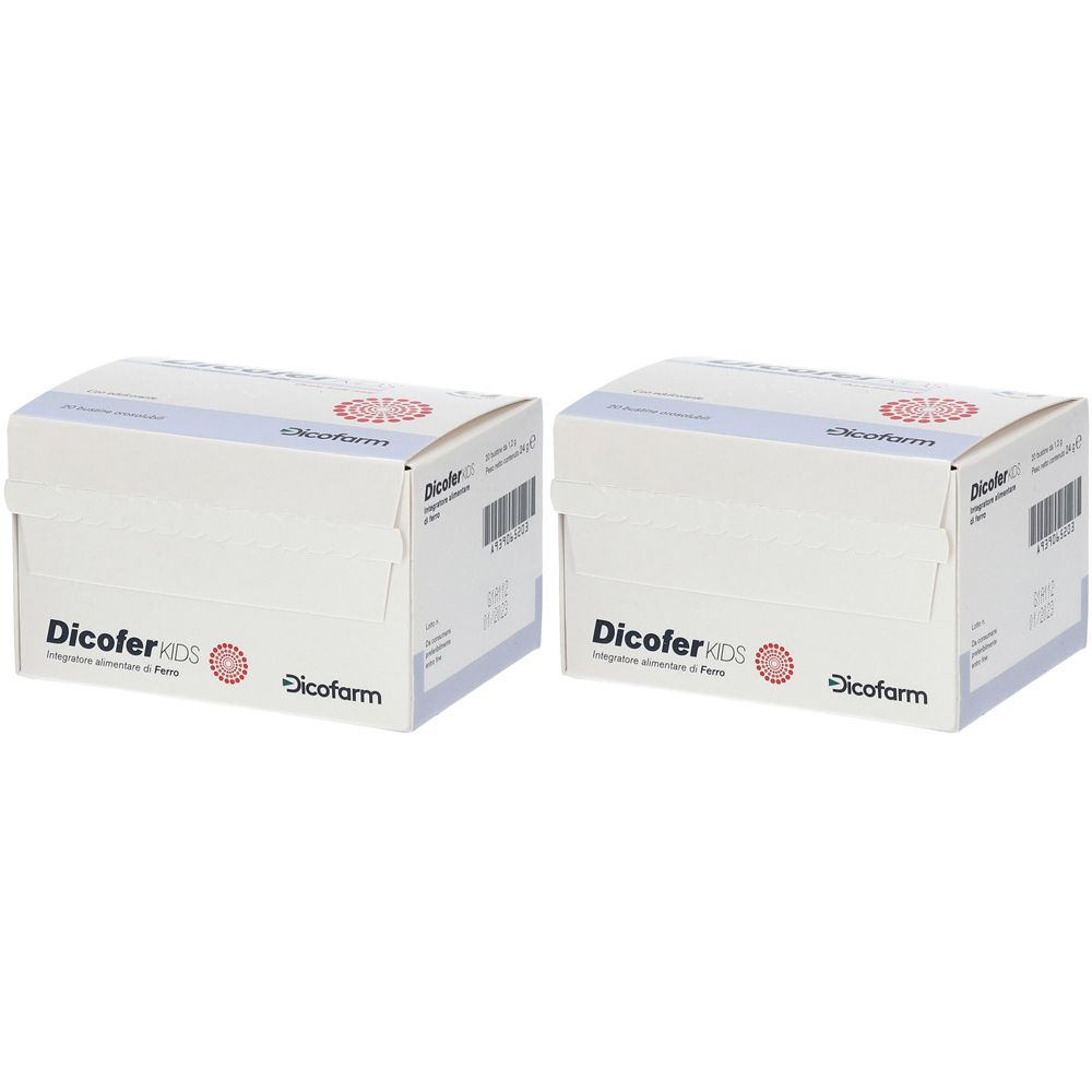 Deux boîtes blanches avec "Dicofer KIDS". Logo et texte en haut. Code-barres et autres informations visibles.