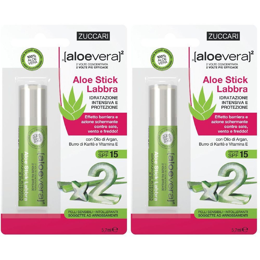 Zwei Lippenpflegestifte in Blisterverpackung. Aufschrift: Aloe Stick Labbra, SPF 15. Marke: Zuccari. Mit Aloe Vera.