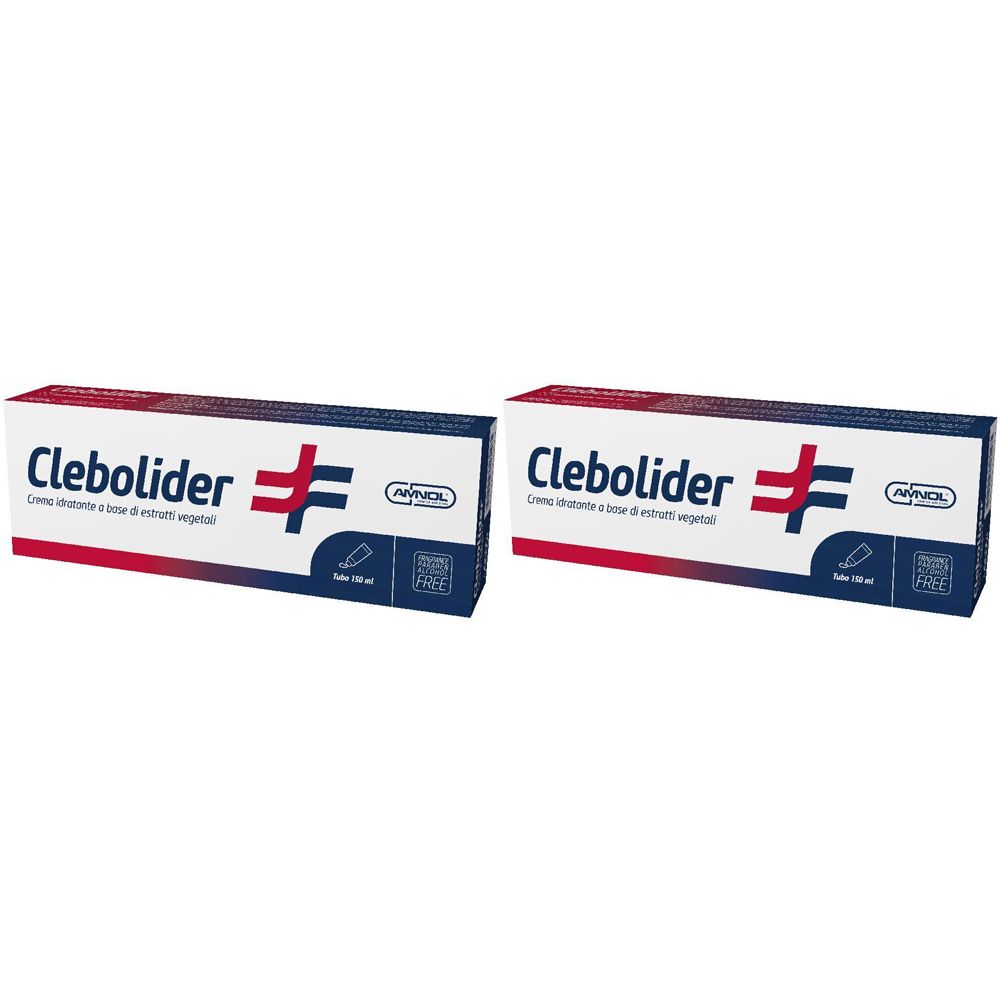 Zwei rechteckige Kartons. Aufschrift "Clebolider" und Logo. Rote und blaue Elemente. Text darunter.