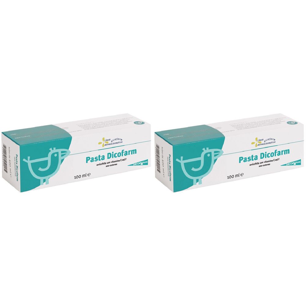 Zwei rechteckige Schachteln. Aufschrift: Pasta Dicofarm, 100 ml. Türkis-weiße Verpackung mit Vogel-Logo.