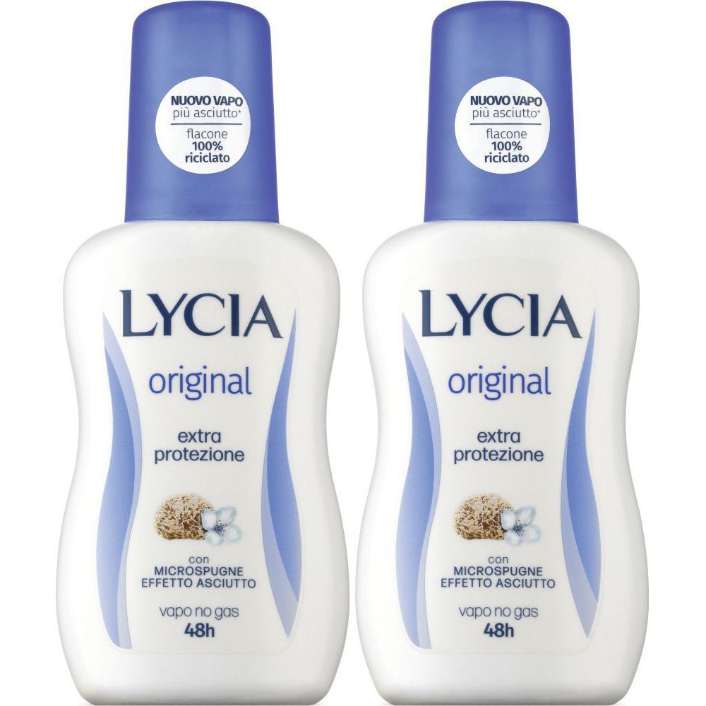 Zwei weiße Flaschen mit blauem Deckel. Aufschrift: LYCIA original, extra protezione, mit Microschwämmen, 48h.
