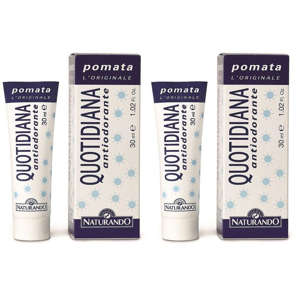 Zwei Tuben und zwei Schachteln. Aufschrift: QUOTIDIANA antiodorante, 30 ml. Marke: NATURANDO. Verpackung mit blauen Punkten.