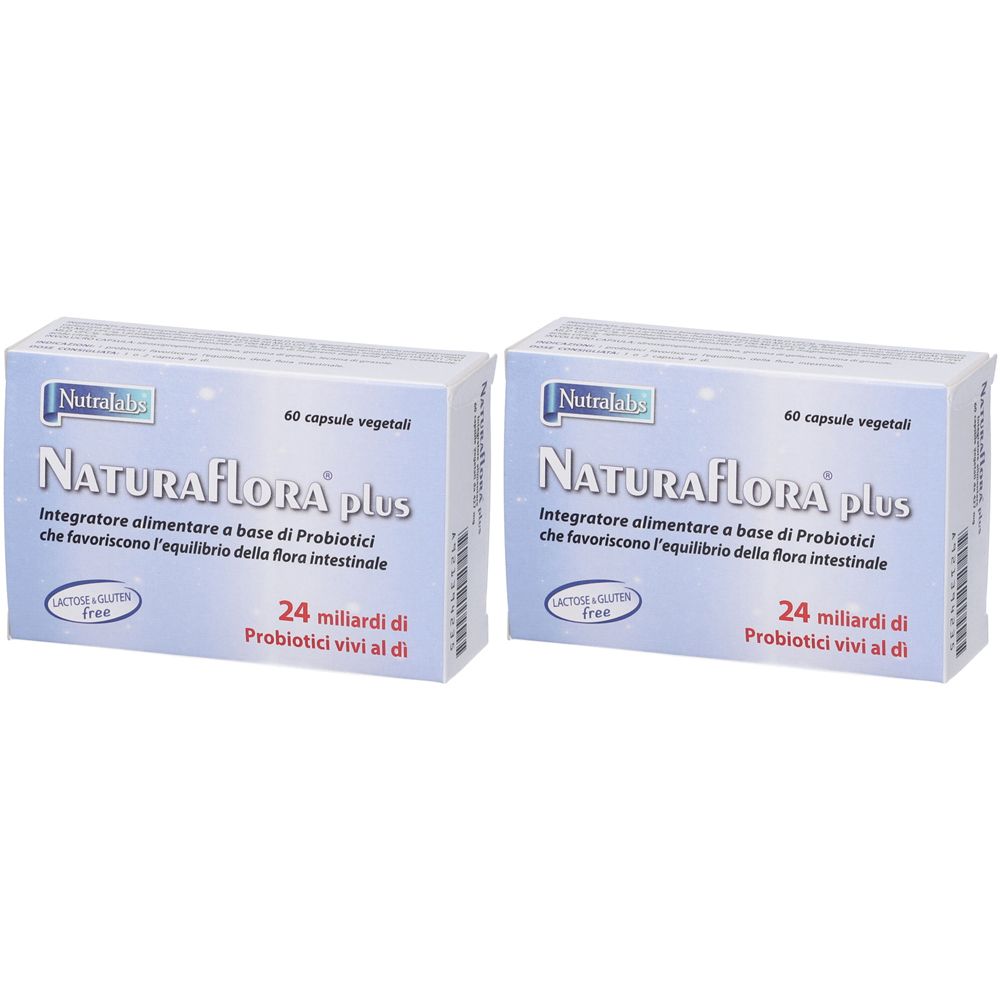 Deux boîtes de Naturaflora plus. Inscription : 60 gélules végétales, 24 milliards de probiotiques vivants. Sans gluten.