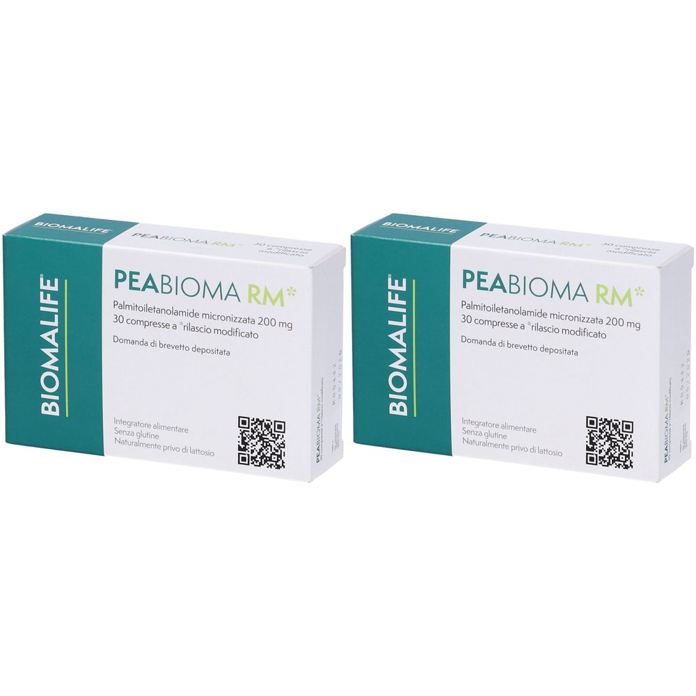 Deux boîtes de PEABIOMA RM. Inscription : Palmitoyléthanolamide micronisé 200 mg, 30 comprimés. Marque BIOMALIFE.