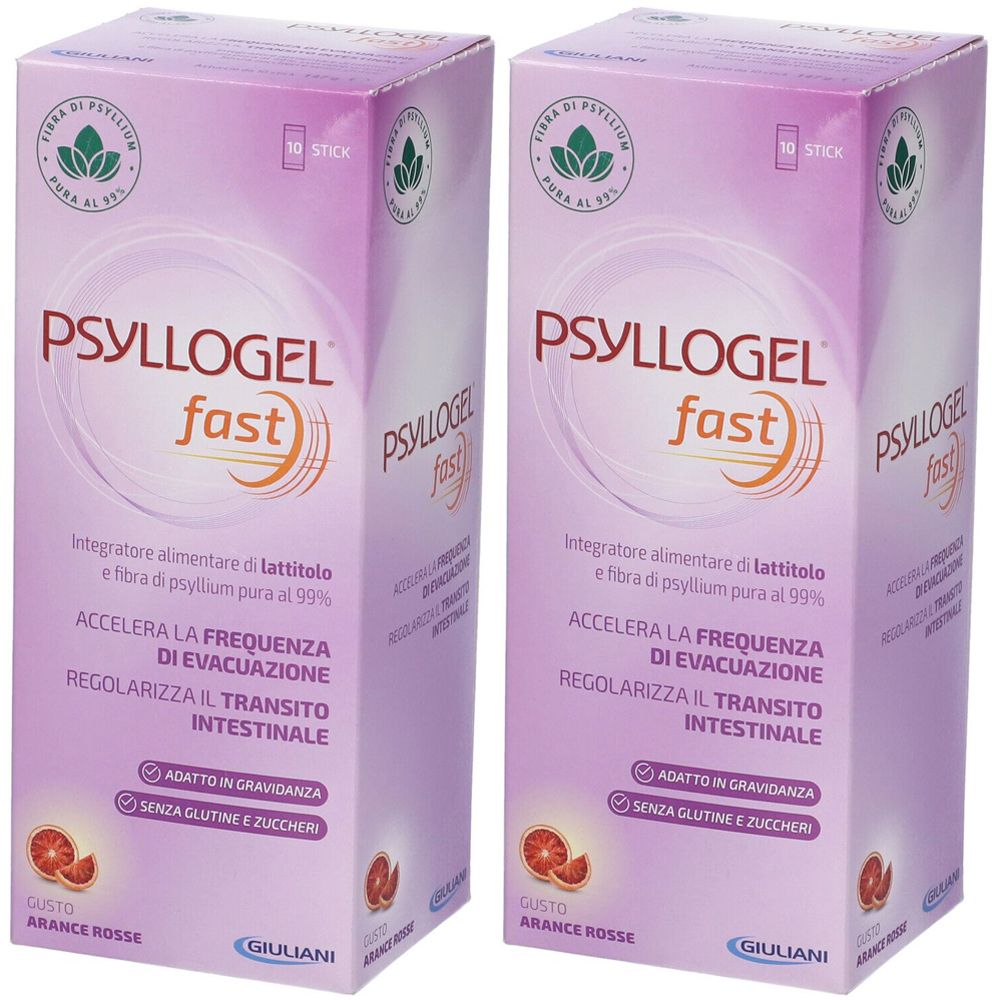 Zwei Packungen Psyllogel Fast. Aufschrift: 10 Sticks. Enthält Psylliumfaser. Geeignet für Schwangere. Gluten- und zuckerfrei.