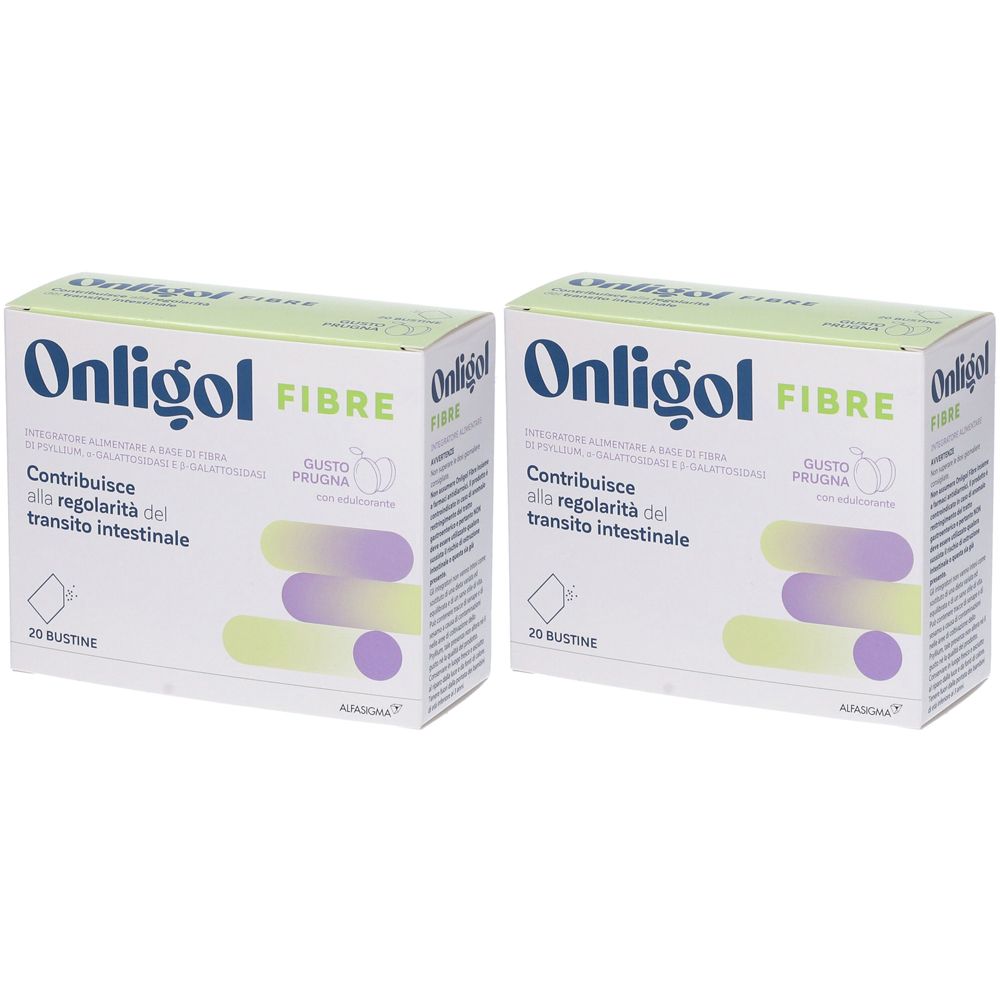 Zwei Kartons mit der Aufschrift "Onligol Fibre". Text in italienischer Sprache. Aufdruck "Gusto Prugna".
