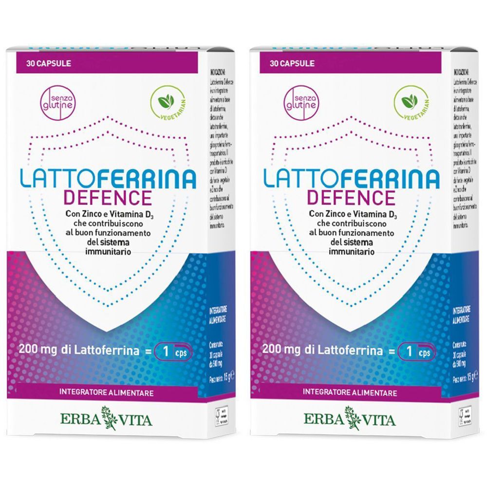 Deux boîtes de Lattoferrina Defence, 30 capsules. Logos « sans gluten » et « végétarien ». Contient du zinc et de la vitamine D. Marque Erba Vita.
